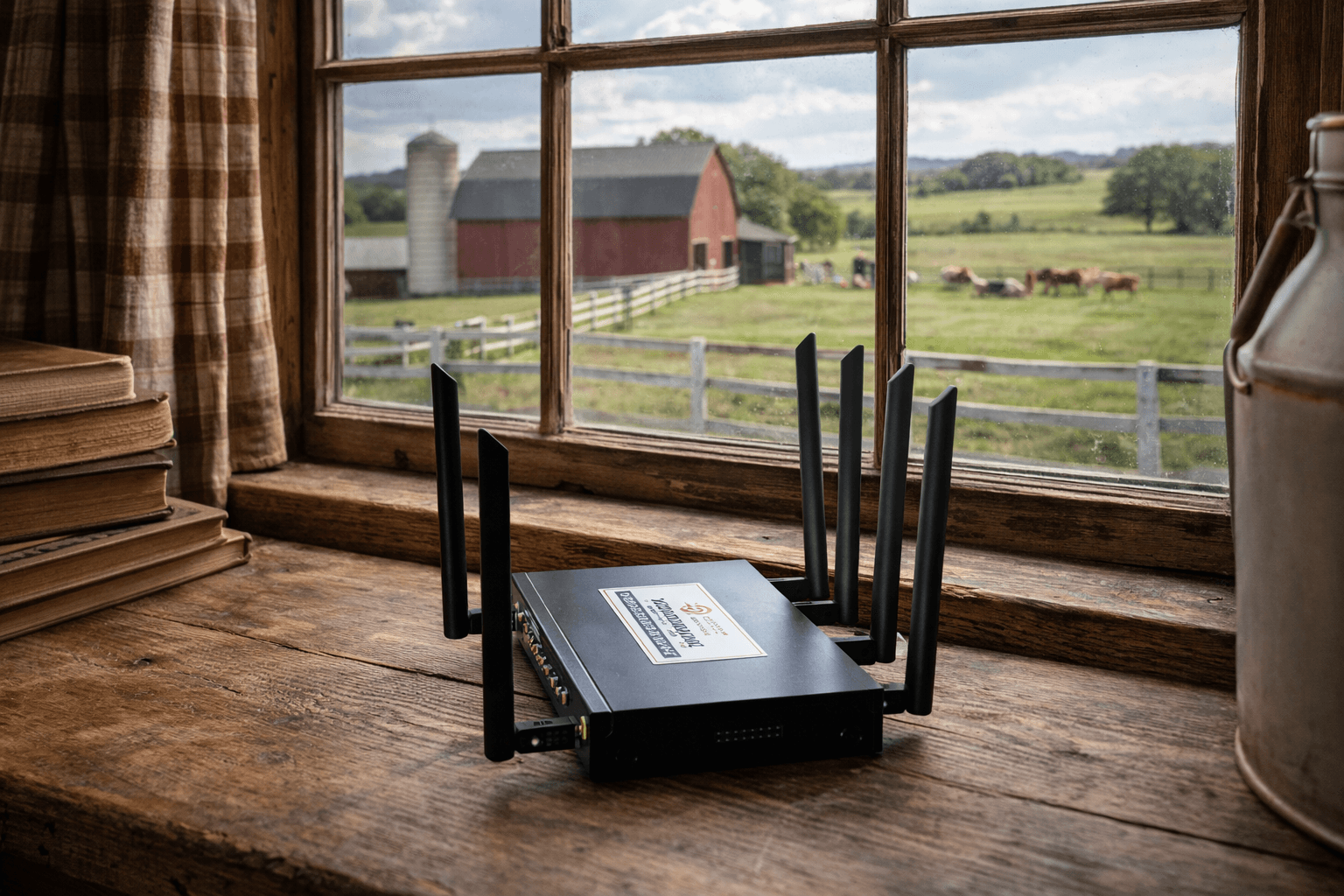 Patriot Router on a windowsill overlooking a farm