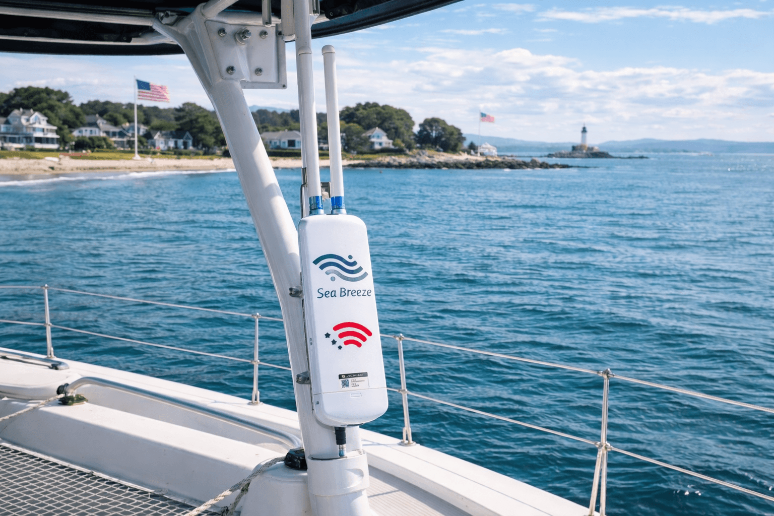 Sea Breeze antenna mounted on a boat in open water