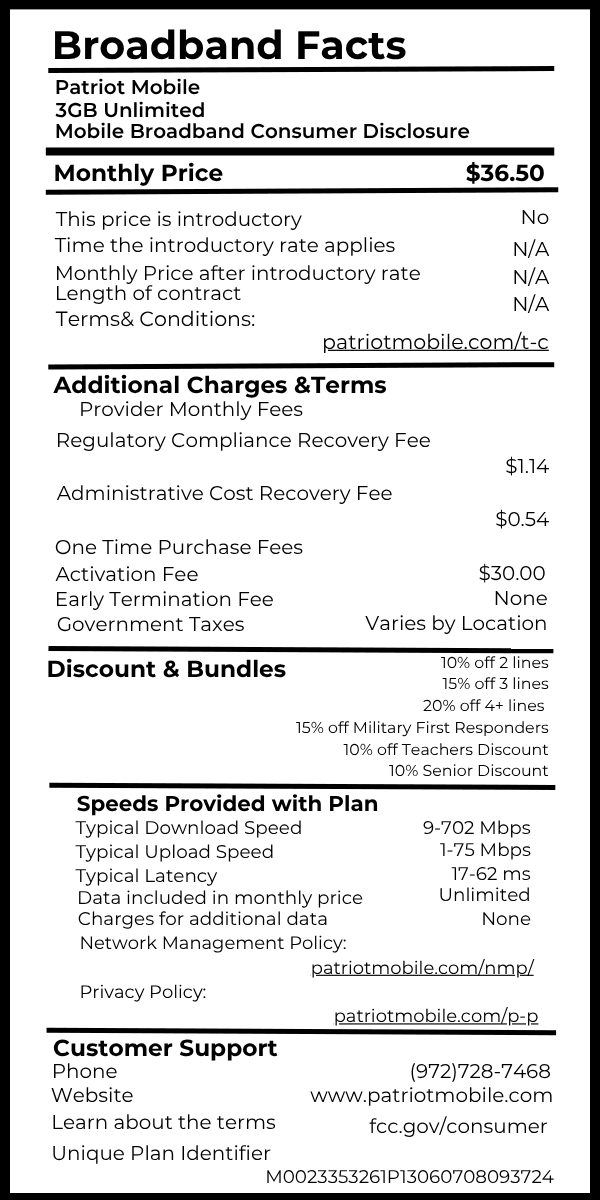 3GB Unlimited broadband fact label
