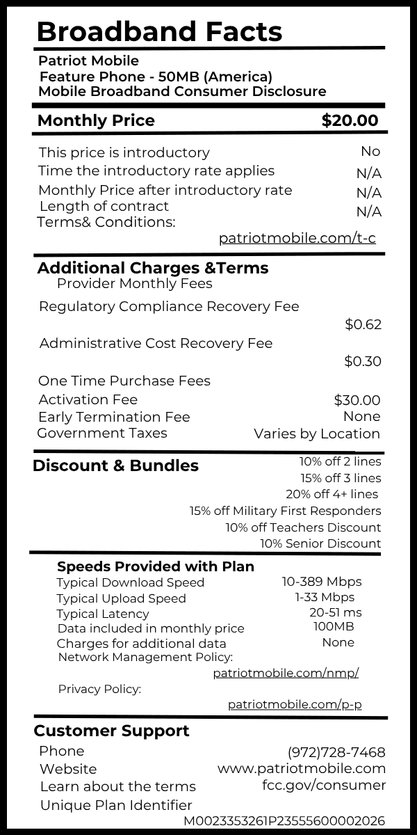 Feature Phone - 50MB (America) broadband fact label