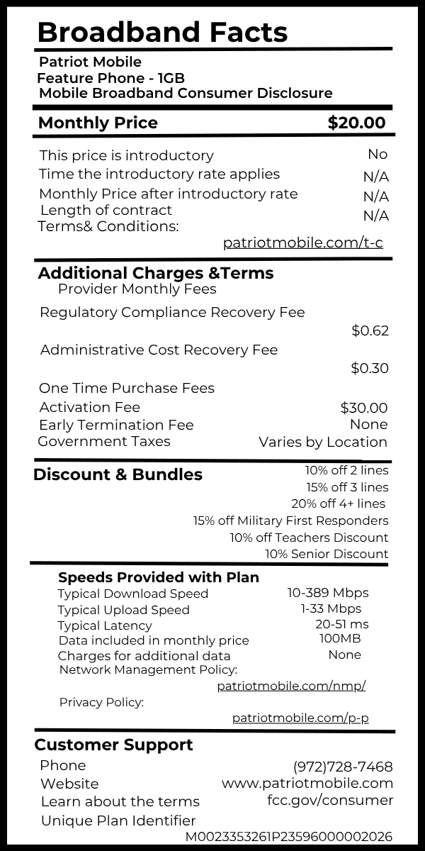 Feature Phone - 1GB broadband fact label