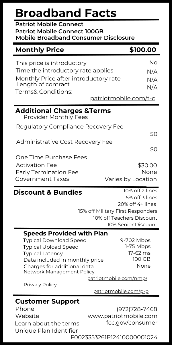 Patriot Mobile Connect 100GB broadband fact label