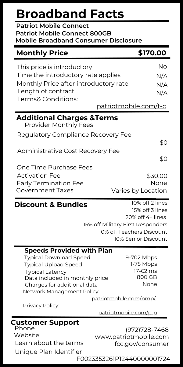 Patriot Mobile Connect 800GB broadband fact label
